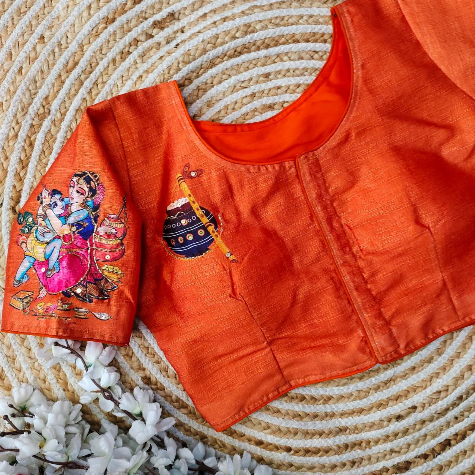 Orange Pure Silk Blouse with Antique Handcrafted Work