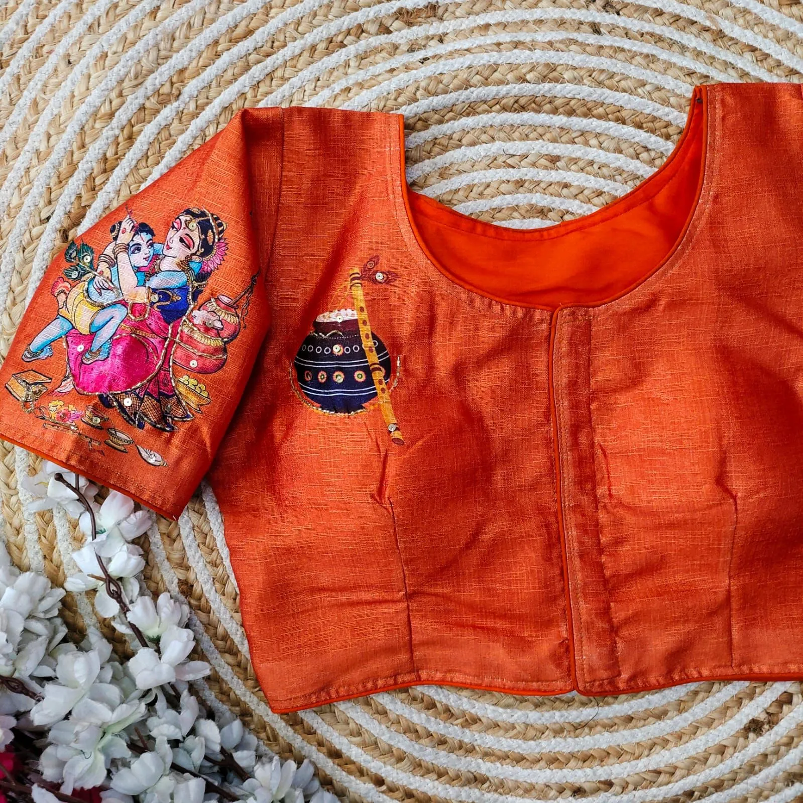 Orange Pure Silk Blouse with Antique Handcrafted Work