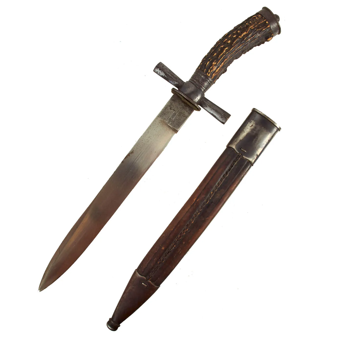 Original German WWI Hirschfänger Style Stag Handle Hunting Knife by F.W. Stock with Scabbard - dated 1908