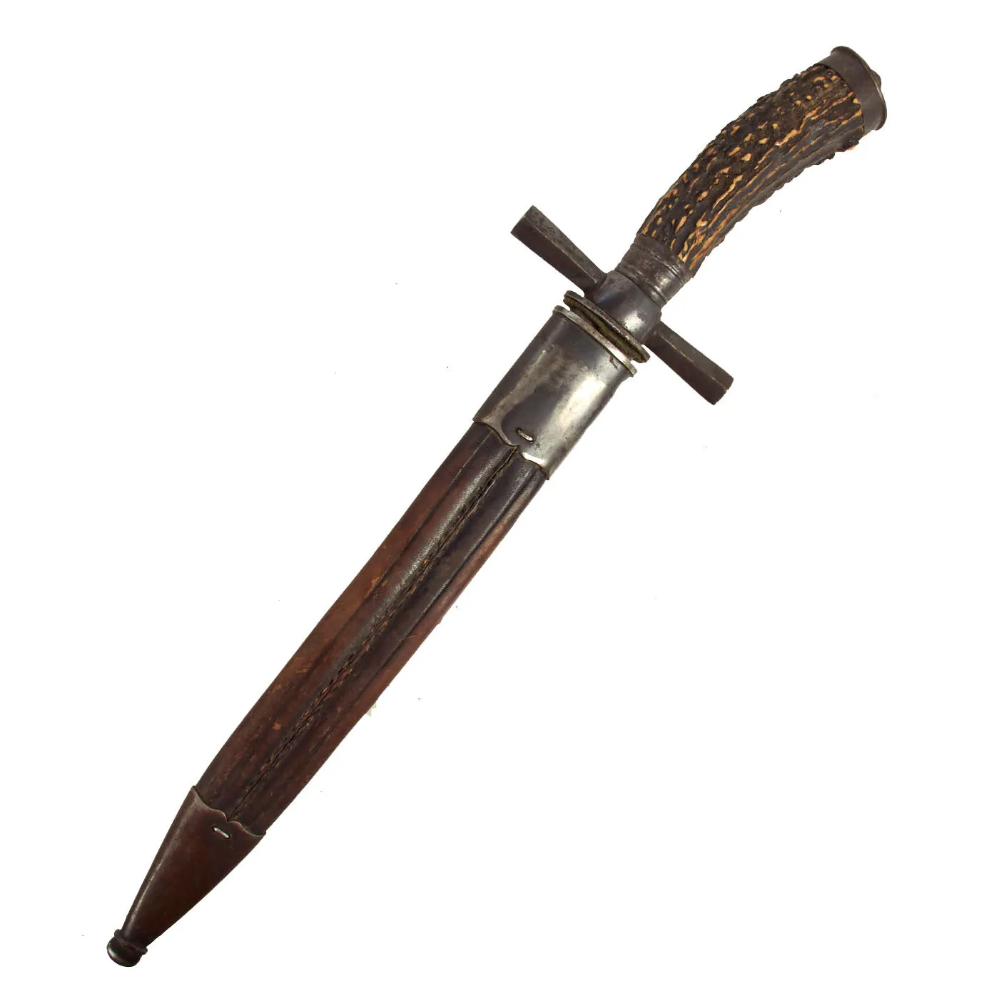 Original German WWI Hirschfänger Style Stag Handle Hunting Knife by F.W. Stock with Scabbard - dated 1908