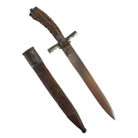 Original German WWI Hirschfänger Style Stag Handle Hunting Knife by F.W. Stock with Scabbard - dated 1908