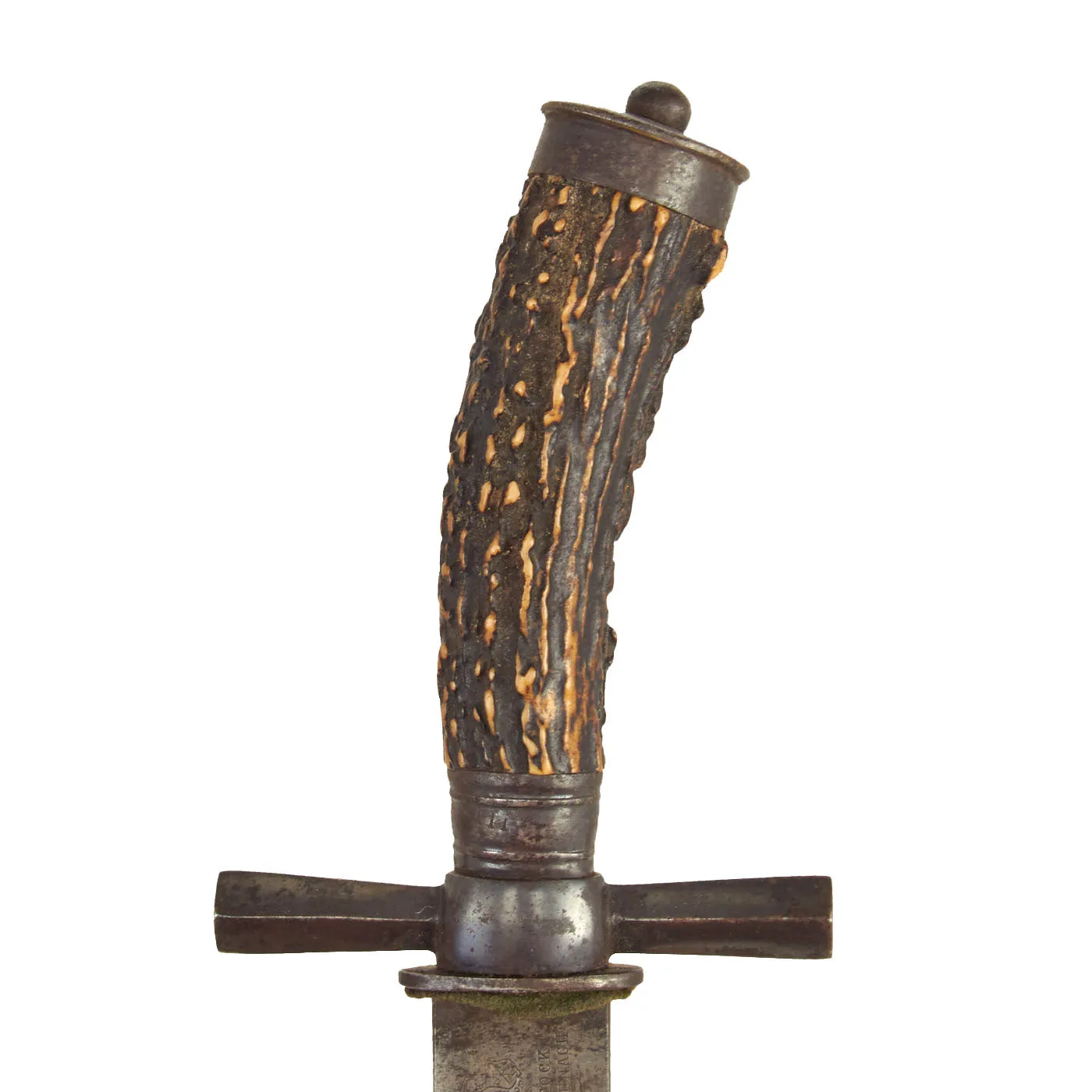 Original German WWI Hirschfänger Style Stag Handle Hunting Knife by F.W. Stock with Scabbard - dated 1908