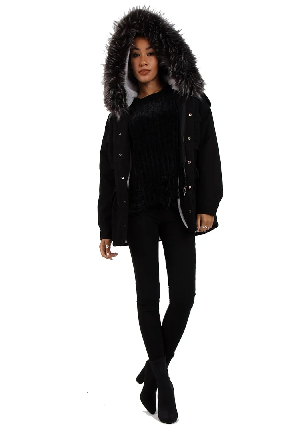 Oversized Faux Fur Trim Fleece Hooded Parka Jacket Coat