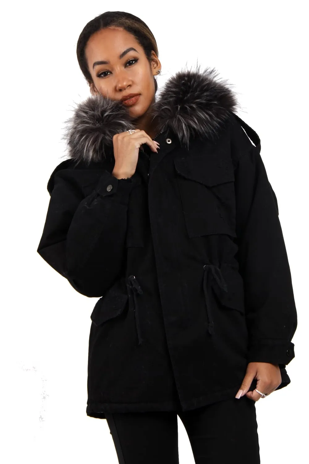 Oversized Faux Fur Trim Fleece Hooded Parka Jacket Coat