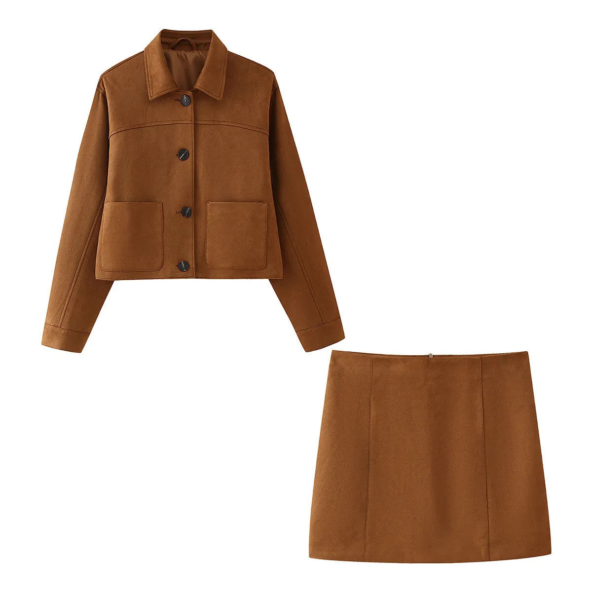 Pre Order: Brown Suede Jacket   Short Skirt Set