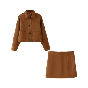 Pre Order: Brown Suede Jacket   Short Skirt Set