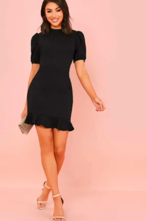 Puff Sleeve Ruffle Hem Bodycon Dress