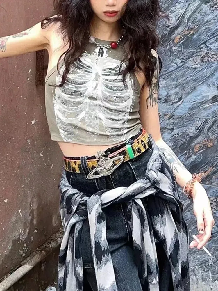 Punk Aesthetic Y2k Cyber Retro X-ray Skeleton Print Grunge Sleeveless Vest ArmyGreen Crop Top Designer Clothes Women Summer Emo