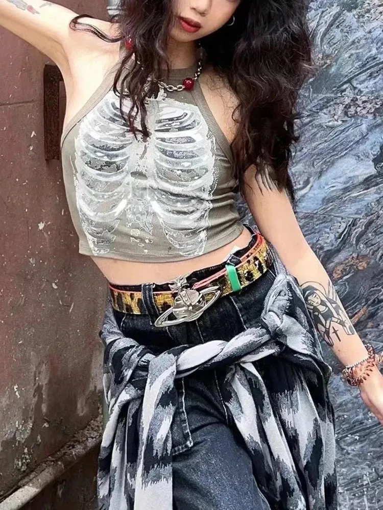 Punk Aesthetic Y2k Cyber Retro X-ray Skeleton Print Grunge Sleeveless Vest ArmyGreen Crop Top Designer Clothes Women Summer Emo