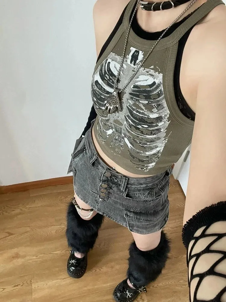 Punk Aesthetic Y2k Cyber Retro X-ray Skeleton Print Grunge Sleeveless Vest ArmyGreen Crop Top Designer Clothes Women Summer Emo