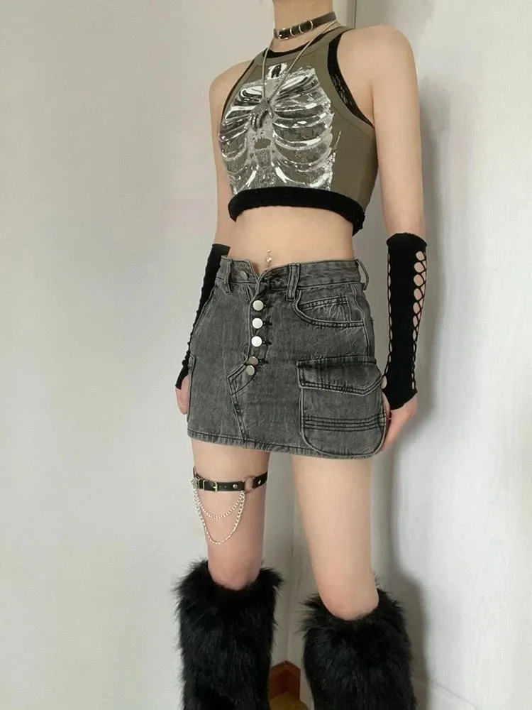 Punk Aesthetic Y2k Cyber Retro X-ray Skeleton Print Grunge Sleeveless Vest ArmyGreen Crop Top Designer Clothes Women Summer Emo