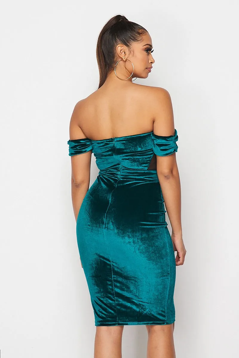 Purple Off Shoulder Bodycon Velvet Dress