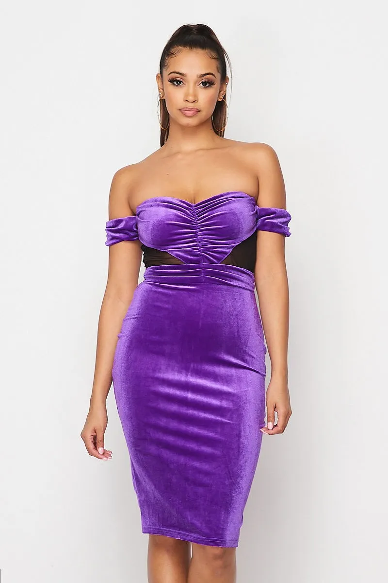 Purple Off Shoulder Bodycon Velvet Dress