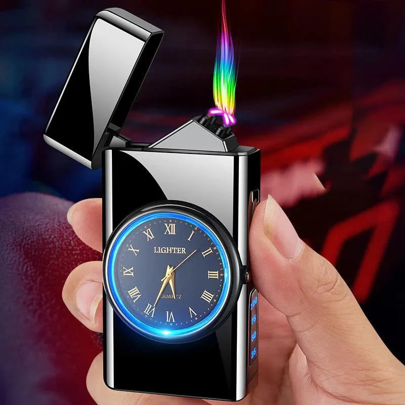 Quartz Dial Led Lighting Dual Arc Power Display Usb Real Watch Charging Gas Lighter Men'S Tool Gift  Torch Smoke Accesoires