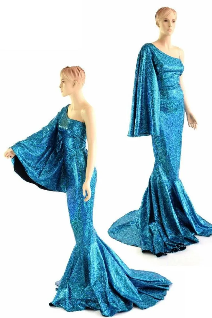 "Sea Goddess" One Shoulder Turquoise Puddle Train Gown