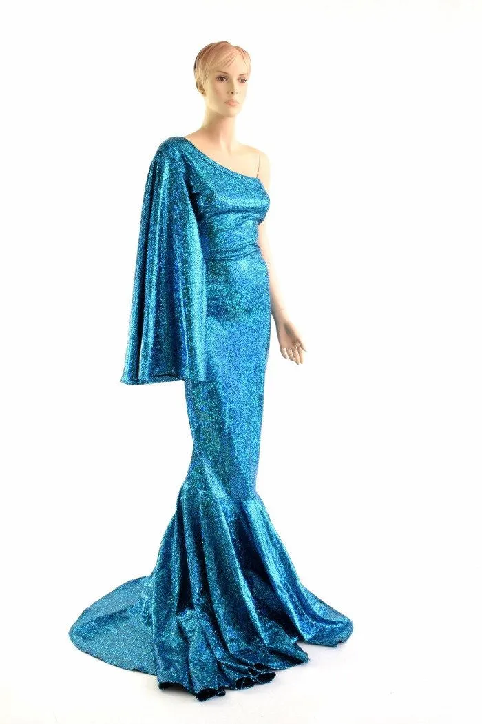 "Sea Goddess" One Shoulder Turquoise Puddle Train Gown