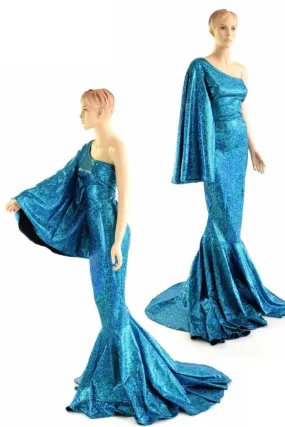 "Sea Goddess" One Shoulder Turquoise Puddle Train Gown