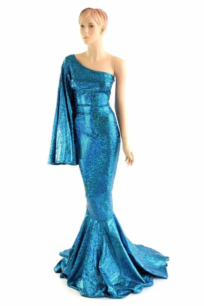 "Sea Goddess" One Shoulder Turquoise Puddle Train Gown