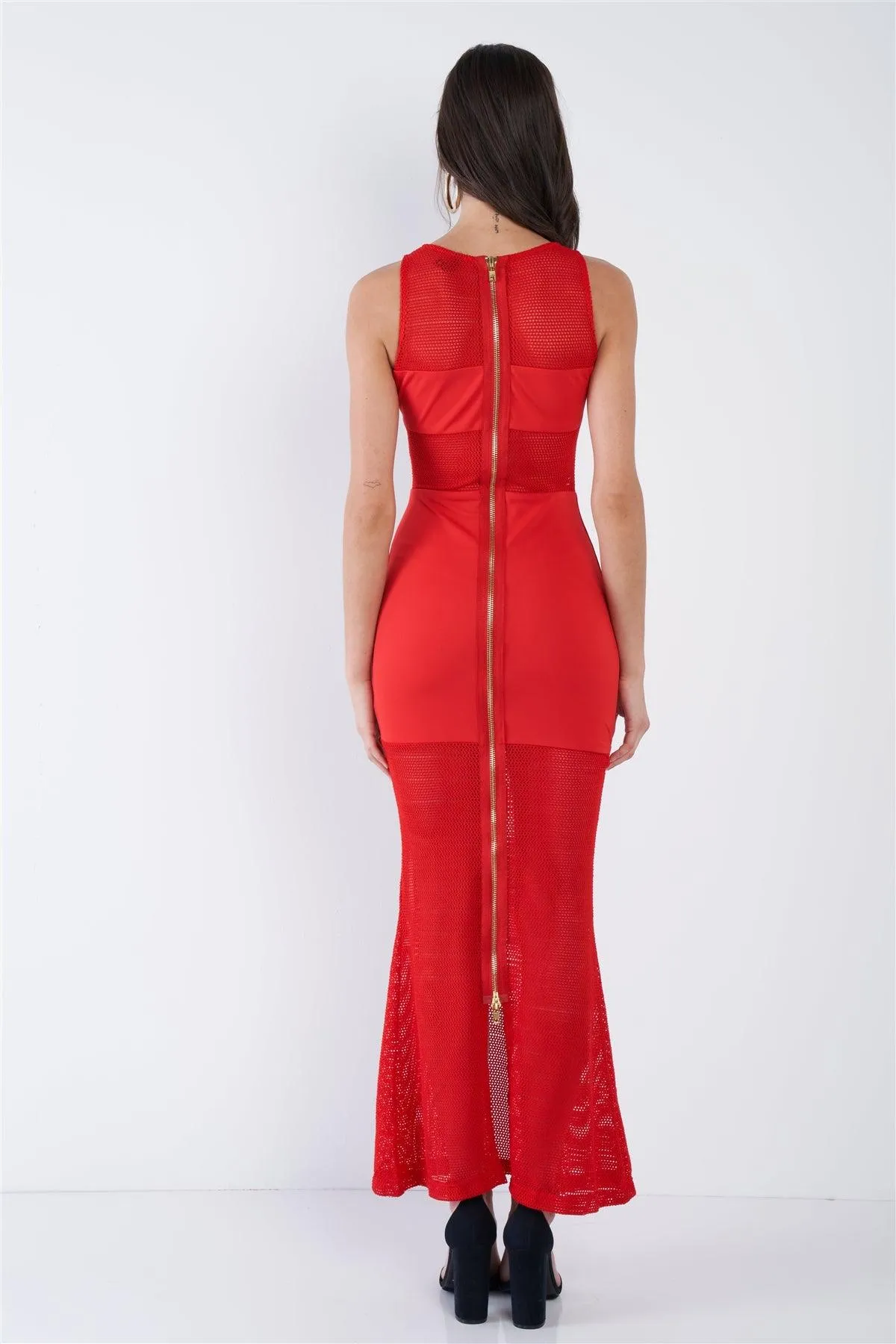 Red Color Block Sheer Knit Sleeveless Bodycon Maxi Dress /2-2-2