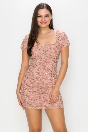 Ruched Floral Ruffled Bodycon Dress - Ships from The US