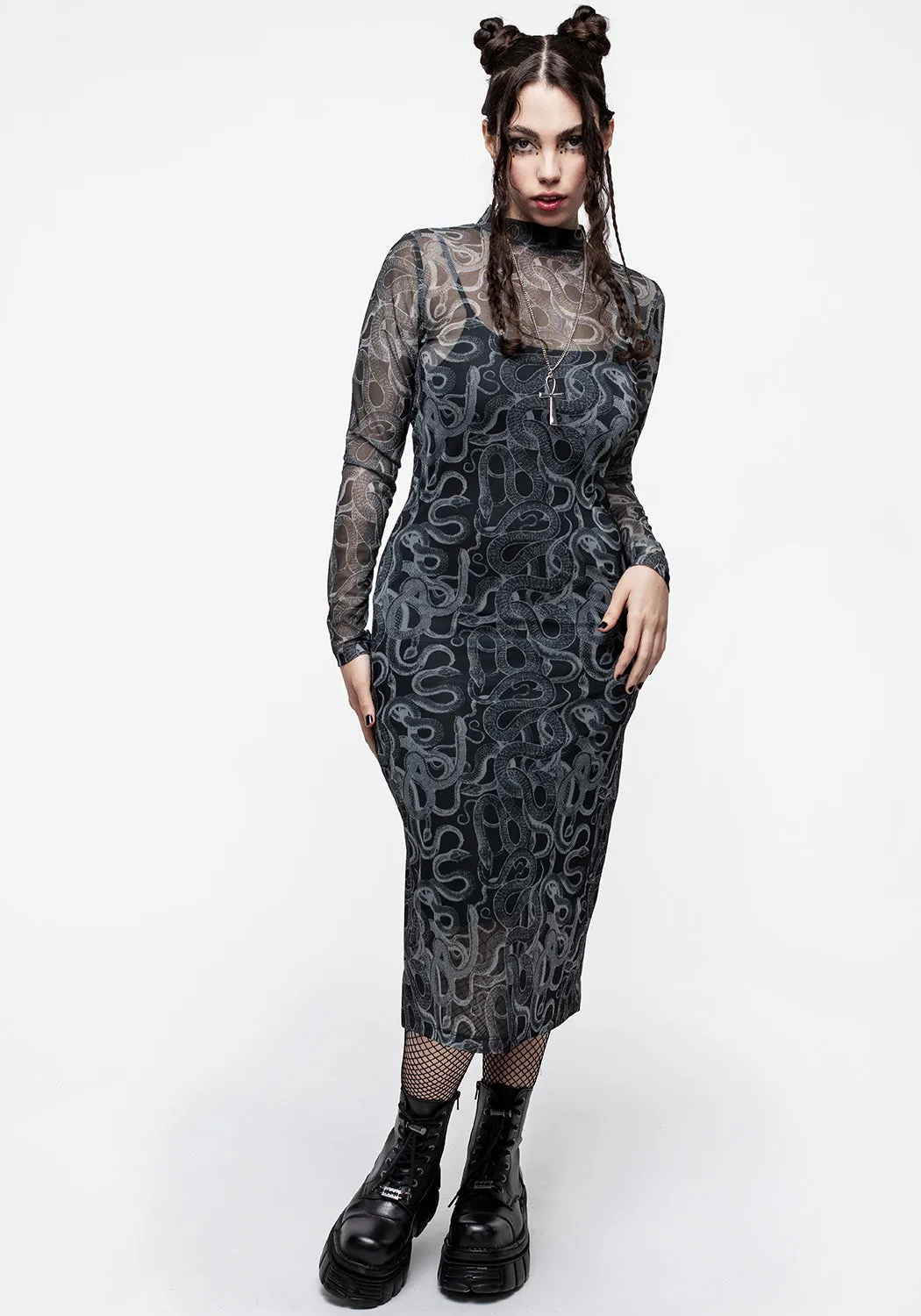 Serpente Print Mesh Bodycon Midi Dress