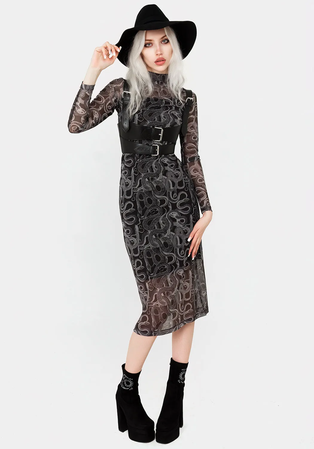 Serpente Print Mesh Bodycon Midi Dress