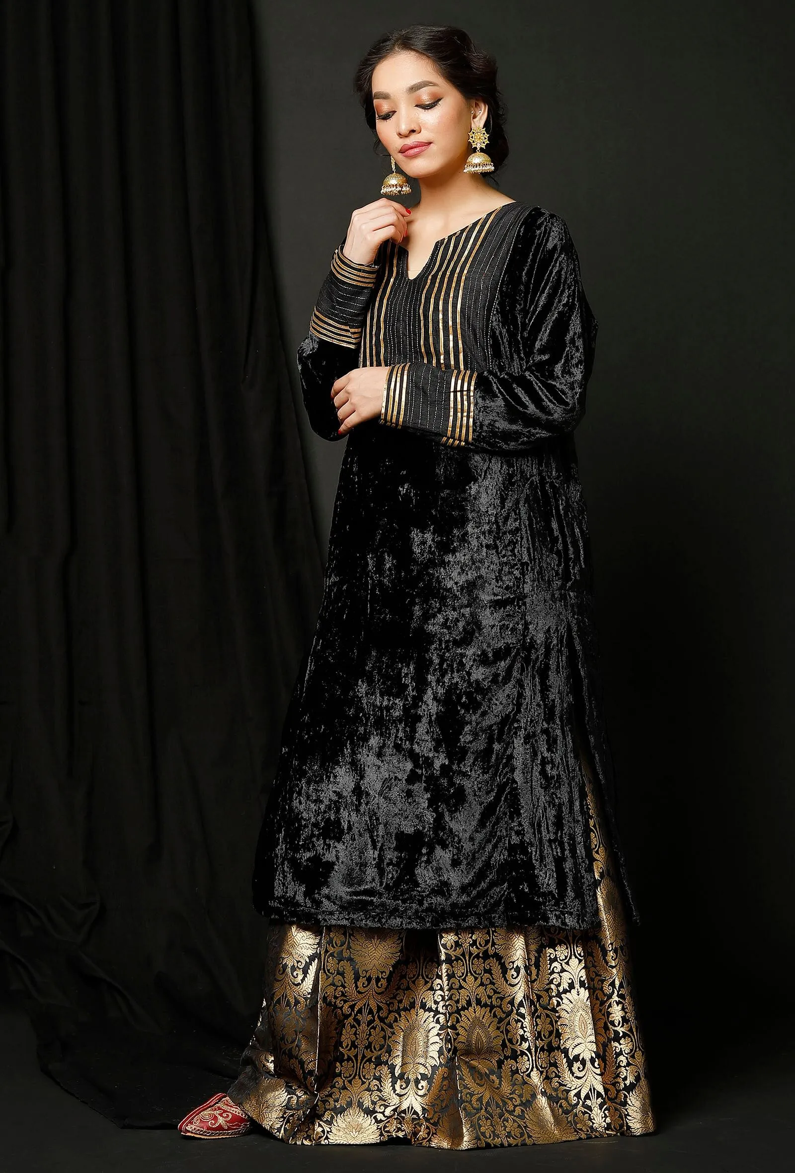 Set of 2 : Black Velvet Phiran and Black Banarsi Brocade Skirt