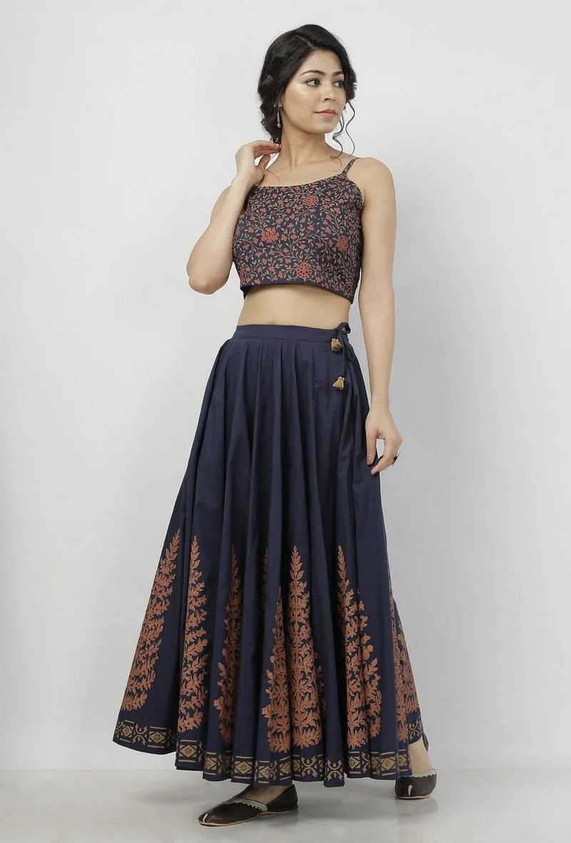 Set of 2: Indigo Blue Leaves Hand-Block Printed Cotton Slip Blouse with Floral Hand-Block Printed Tasseled Cotton Skirt