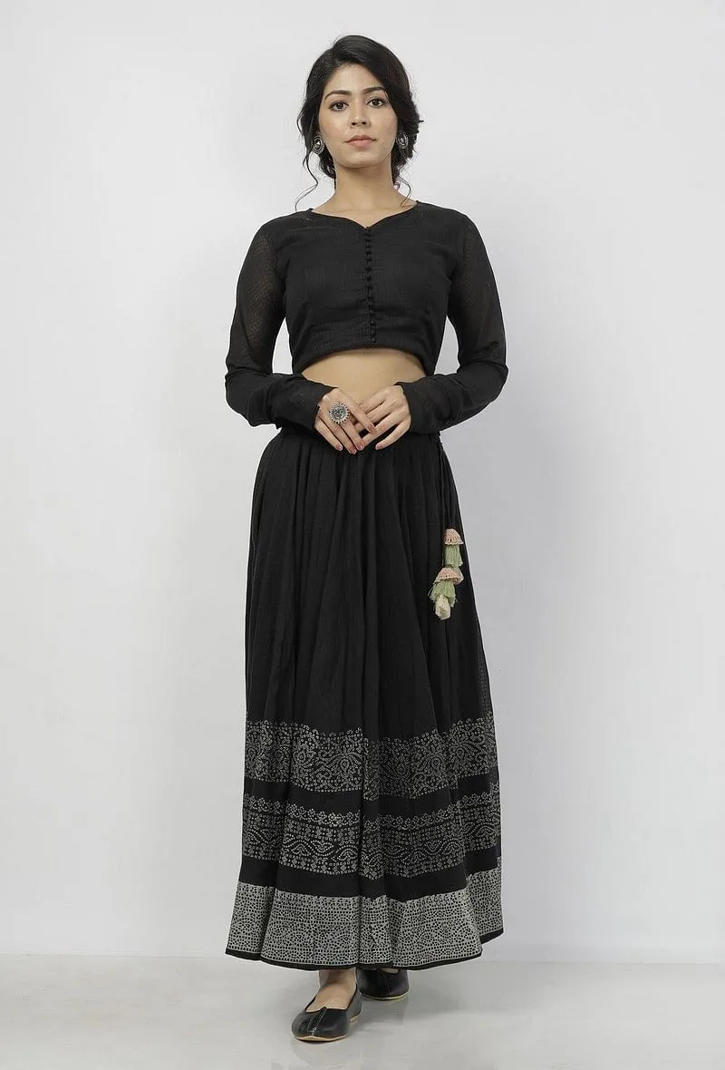 Set of 2: Kaani Black and White Tri- Pattern Hand-Block Printed Tasseled Kota Skirt and Plain Black Full Sleeves Blouse