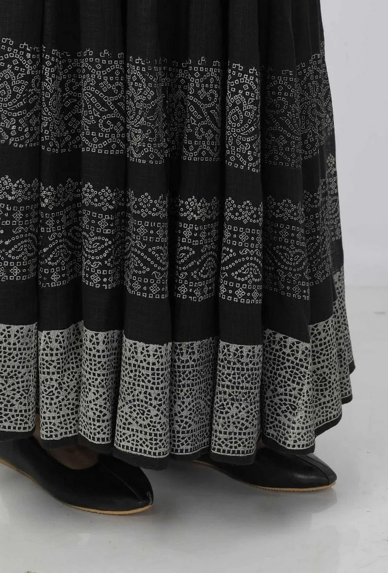 Set of 2: Kaani Black and White Tri- Pattern Hand-Block Printed Tasseled Kota Skirt and Plain Black Full Sleeves Blouse