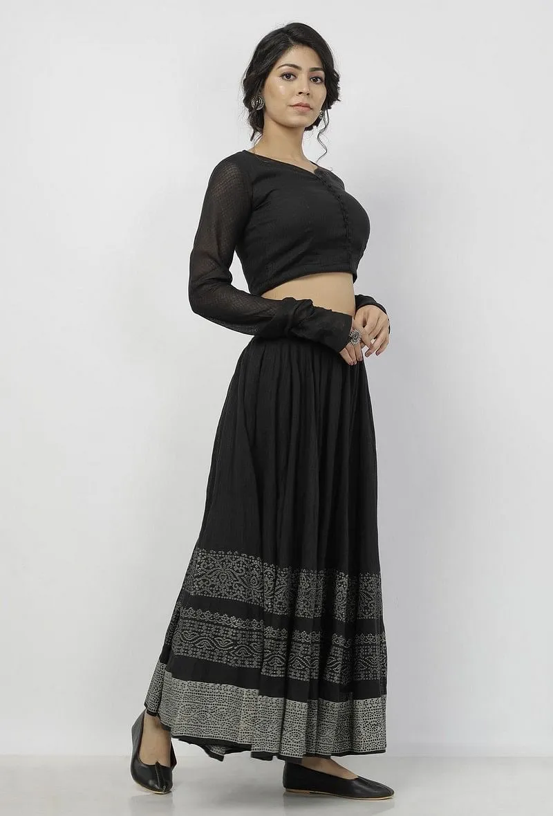 Set of 2: Kaani Black and White Tri- Pattern Hand-Block Printed Tasseled Kota Skirt and Plain Black Full Sleeves Blouse