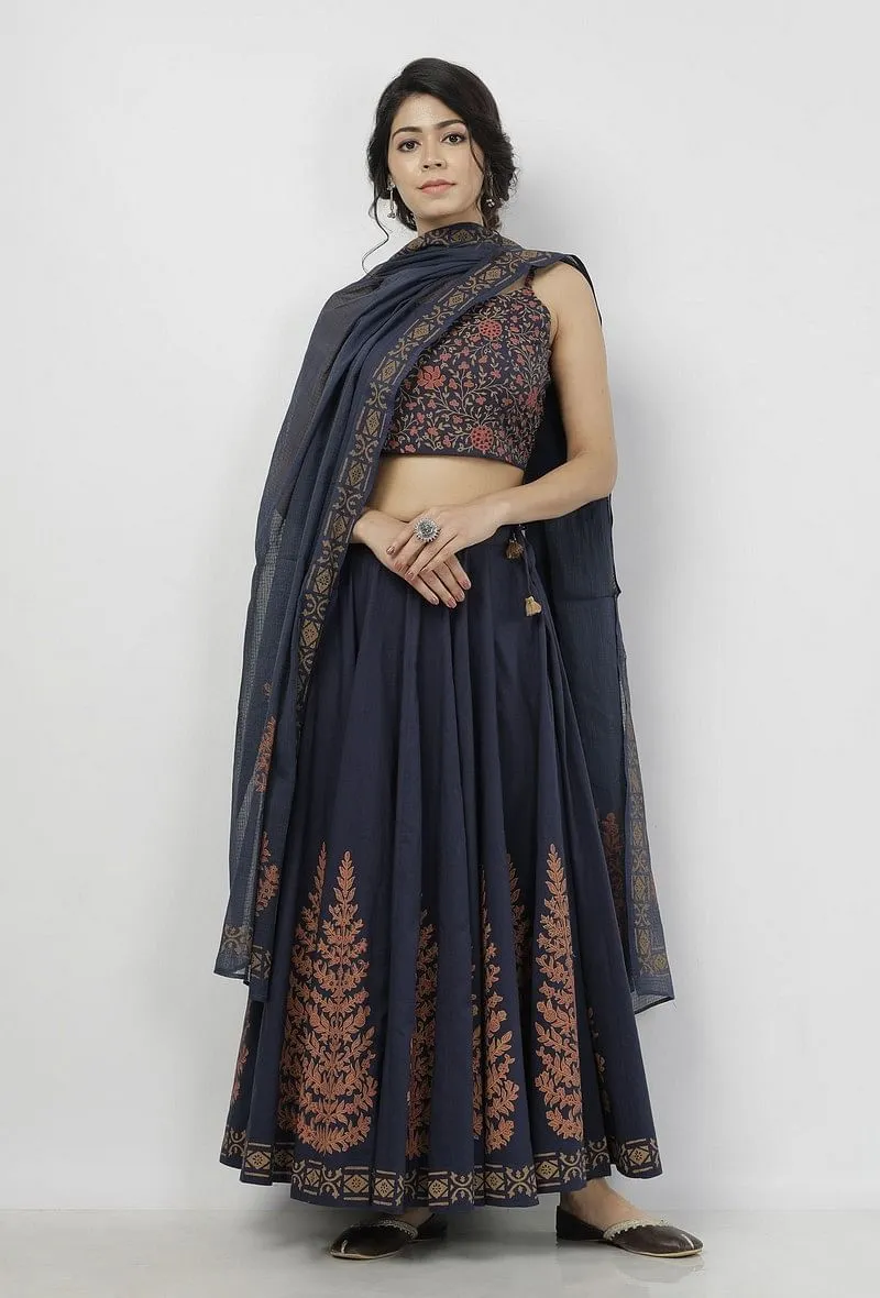 Set of 3: Indigo Blue Floral Hand-Block Printed Cotton Slip Blouse with Hand-Block Printed Tasseled Cotton kali Skirt and Floral Hand-Block Printed Kota Dupatta