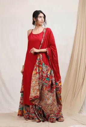 Set Of 3: Red Kurta With Kalamkari Skirt And Dupatta