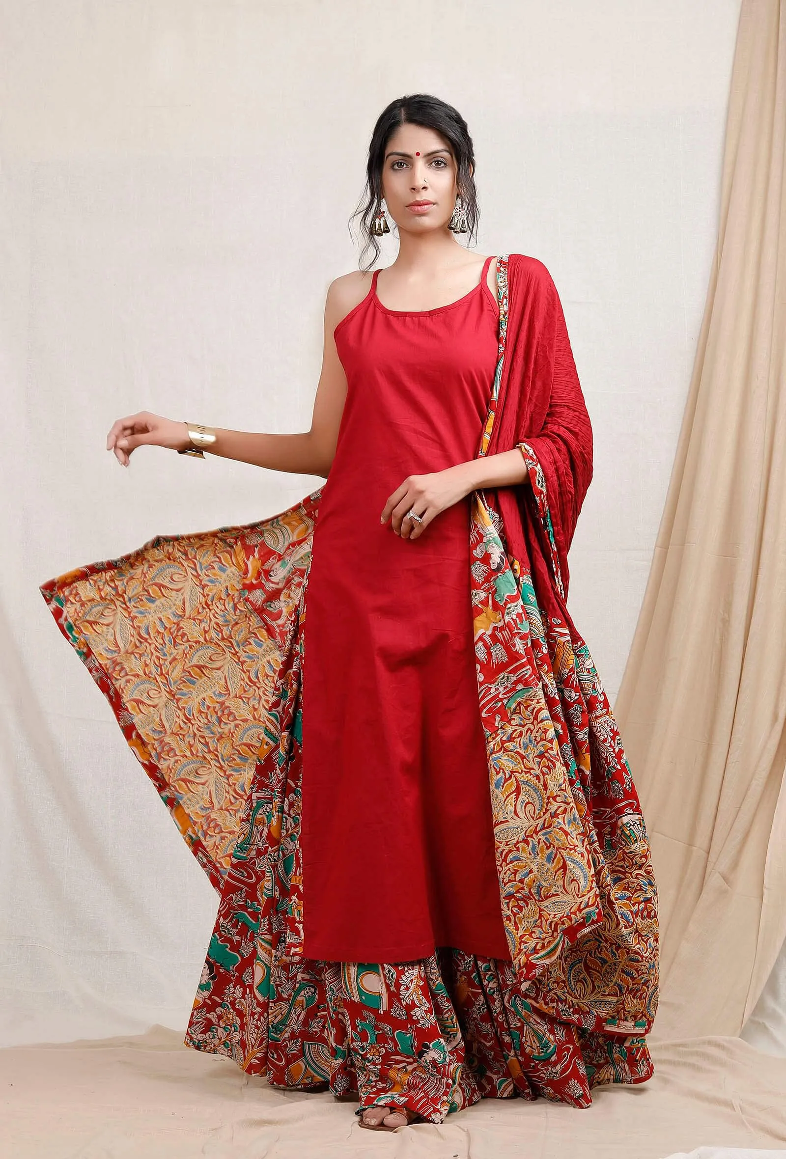 Set Of 3: Red Kurta With Kalamkari Skirt And Dupatta