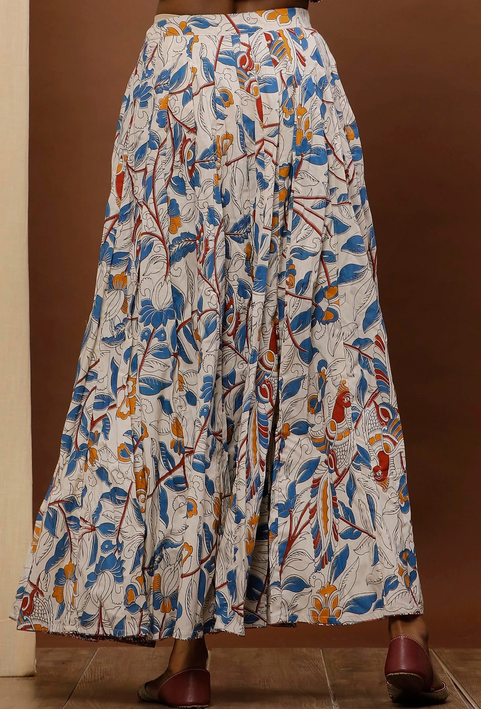 Set Of 3: Rust Red Kalamkari Straight Kurta with White Kalamkari Cotton Skirt with Blue Kota Dupatta