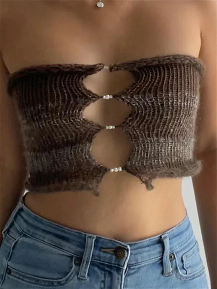 Sexy Backless Tube Y2K Hollow Out Knitted 2024 Summer Sleeveless Strapless Sexy Mini Vest Club Crop Top