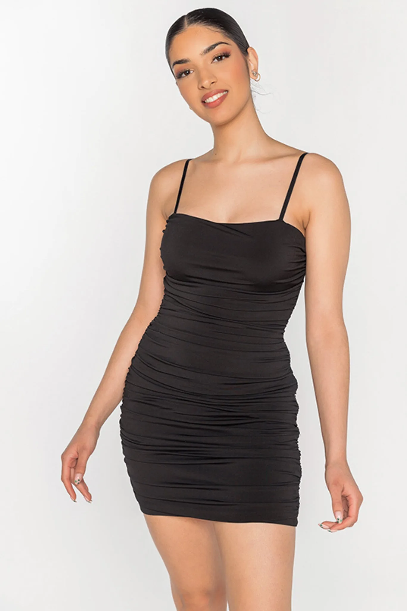 Spaghetti Strap Ruched Bodycon Dress with Open Back