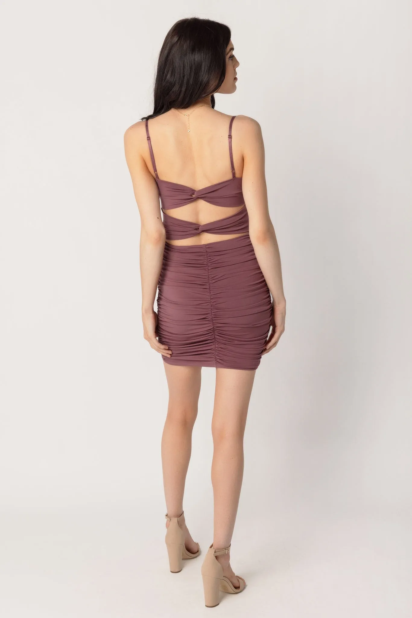 Spaghetti Strap Ruched Bodycon Dress with Open Back