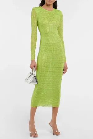 Sparkly Rhinestone Long Sleeve Bodycon Mesh Sheer Midi Dress - Sage Green