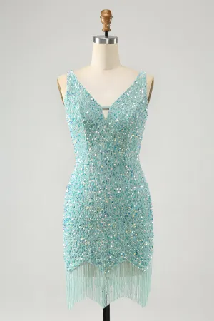 Sparkly Sage Bodycon V Neck Sequin Mini Dress with Tassel