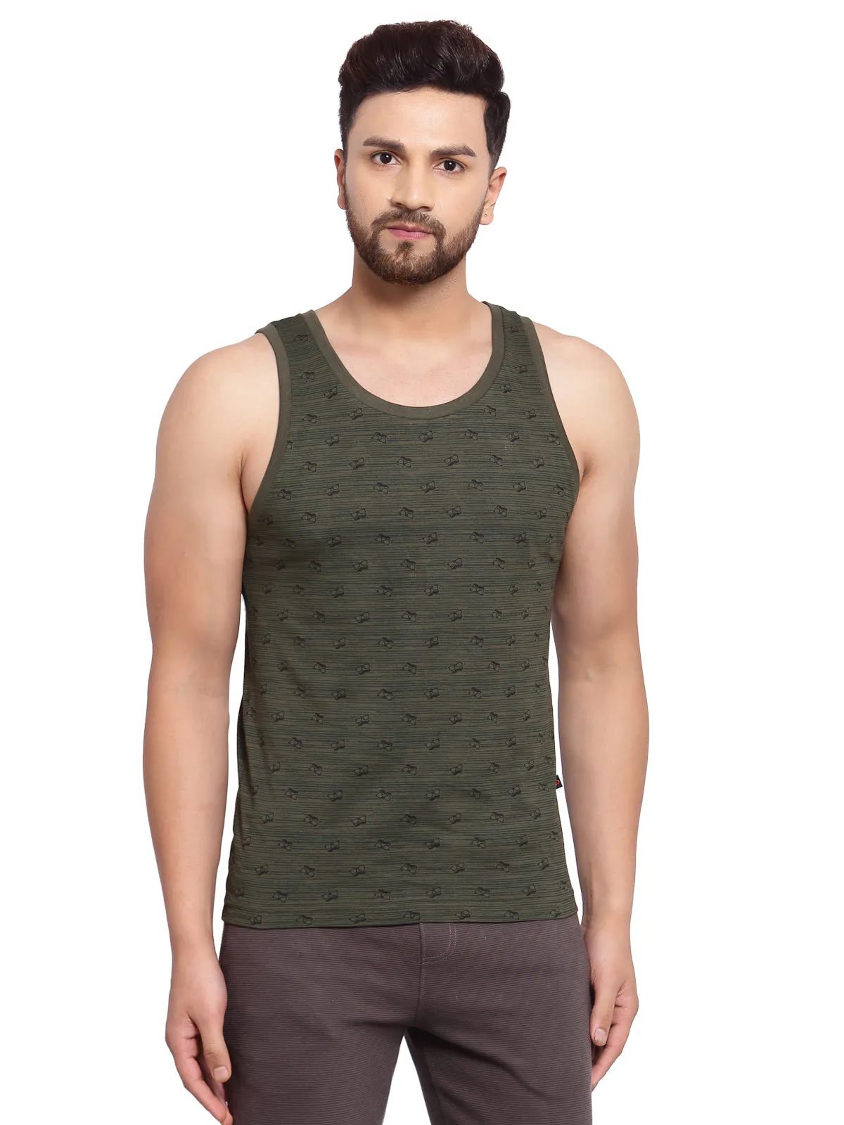 Sporto Men's Round Neck Printed Gym Vest - Olive