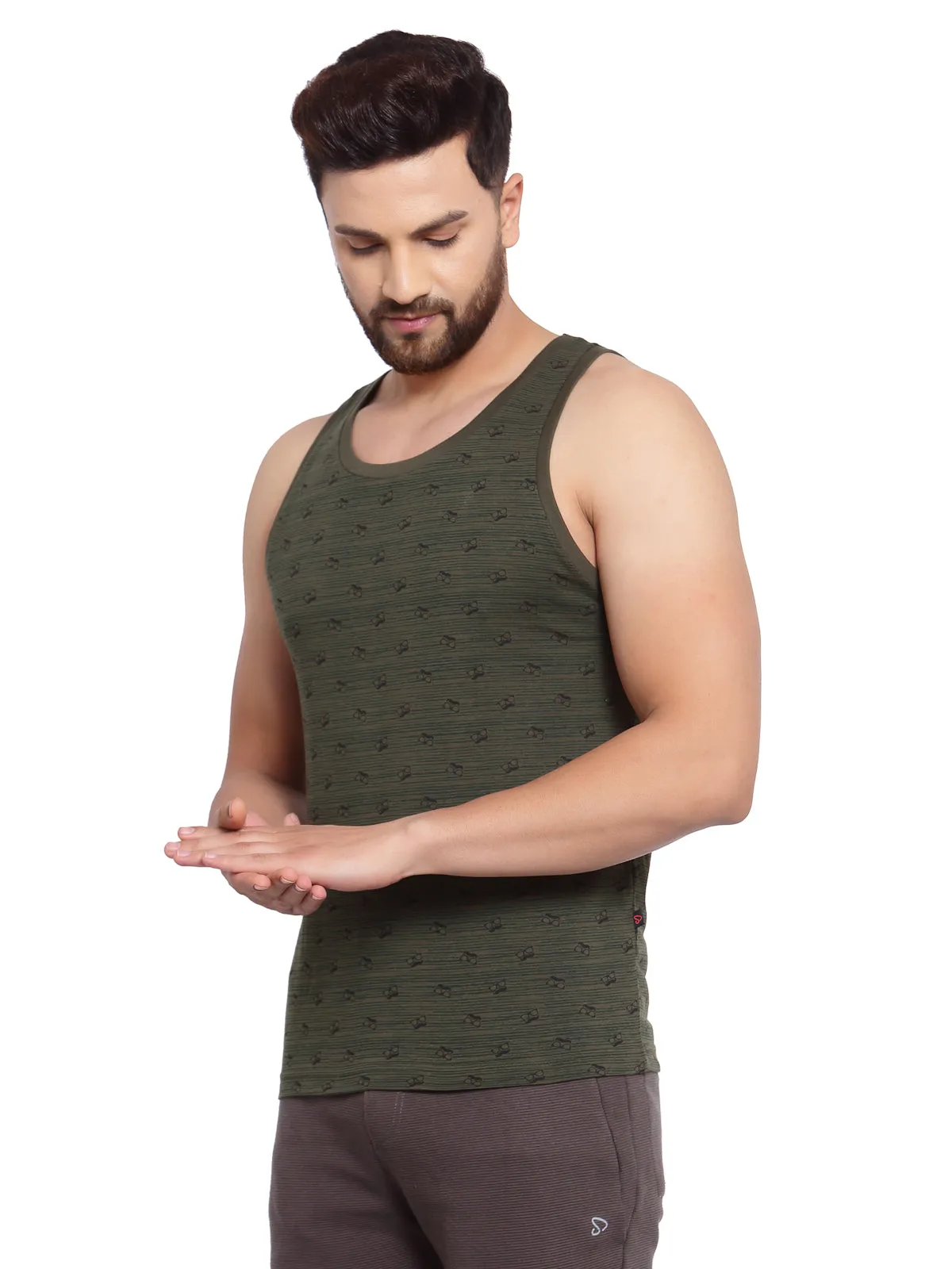 Sporto Men's Round Neck Printed Gym Vest - Olive