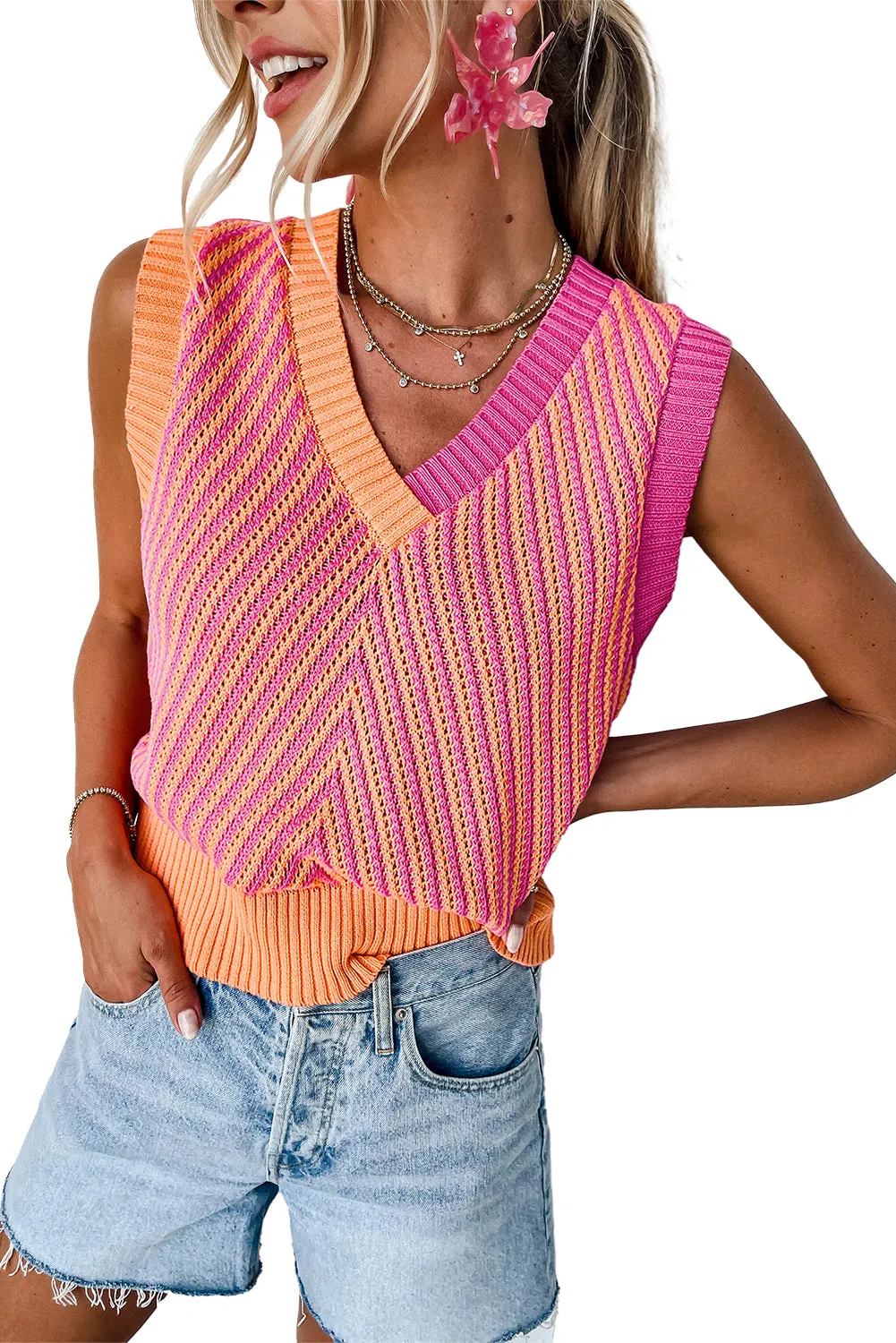 Strawberry Pink Contrast Chevron V Neck Knitted Vest