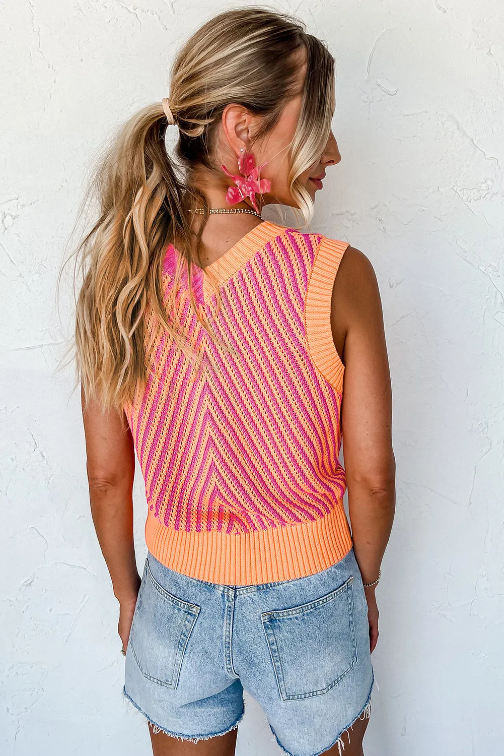 Strawberry Pink Contrast Chevron V Neck Knitted Vest