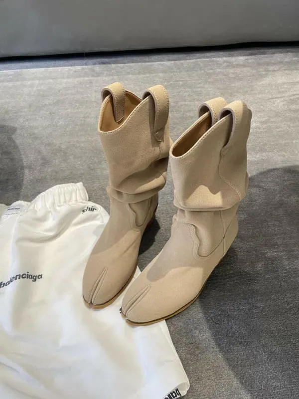 Tan Suede Split Toe Ankle Boots with Chunky Heel