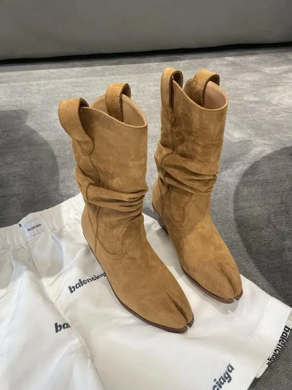 Tan Suede Split Toe Ankle Boots with Chunky Heel