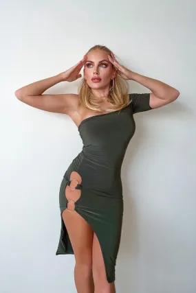 The Baddest Khaki Slinky Bodycon One Shoulder Cut Out Slit Ring Dress