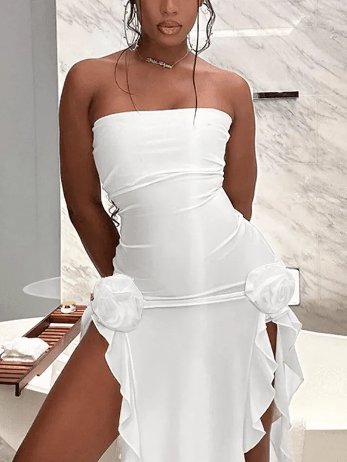 Uniwim Split Ruffle Mesh Bandeau Maxi Dress