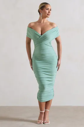 Unwrapped | Sage Ruched Twist Bardot Midi Dress