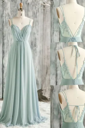 V-Back Double-Strap Sage Green Bridesmaid Dress Ruched Chiffon Bridesmaid Dresses